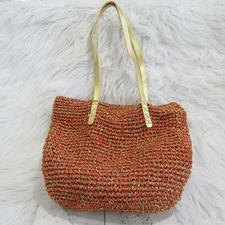Sun N' Sand Large Straw Like Beach Tote Orange Gold Leather Straps Lined Pockets