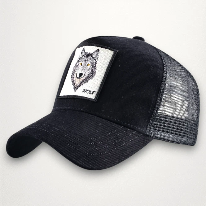Unisex Embroidered Wolf Patch Trucker Hat Black Y2K Streetwear Adjustable