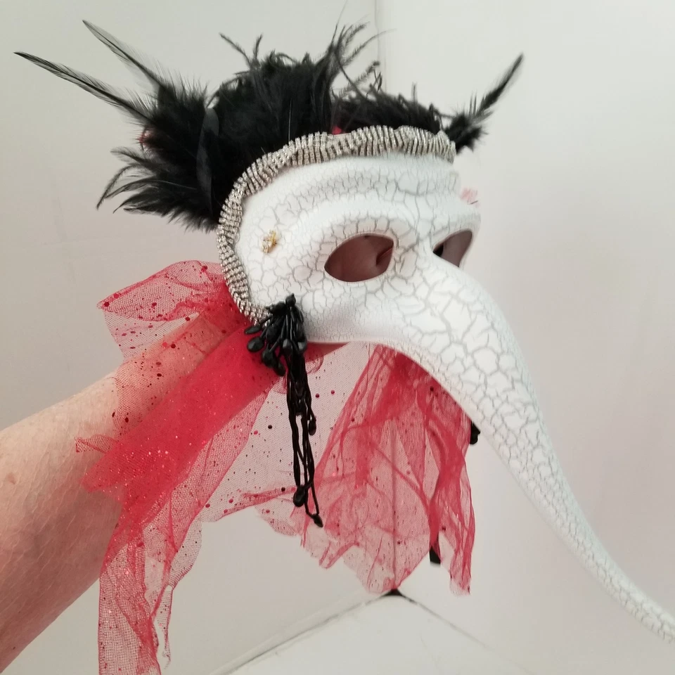 ADULT Venetian White Crackle Black Feathers Red Tulle Rhinestone  Beak Mask - Image 2 of 4