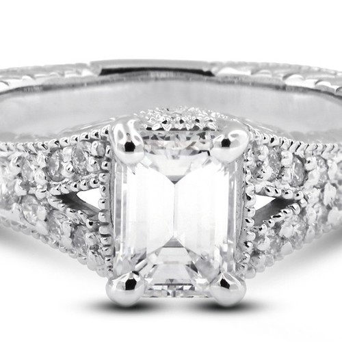 2.84ct E-VS2 Emerald Natural Diamonds 14kw Gold Vintage Style Side-Stone Ring - Picture 6 of 11