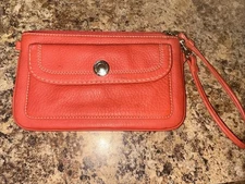 COACH Hamilton Pebble Leather Flap Wristlet Geranium Coral Orange Red F42146