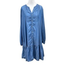 beachlunchlounge Chambray Long Sleeve Button Front Tiered Ruffle Hem Dress Sz L