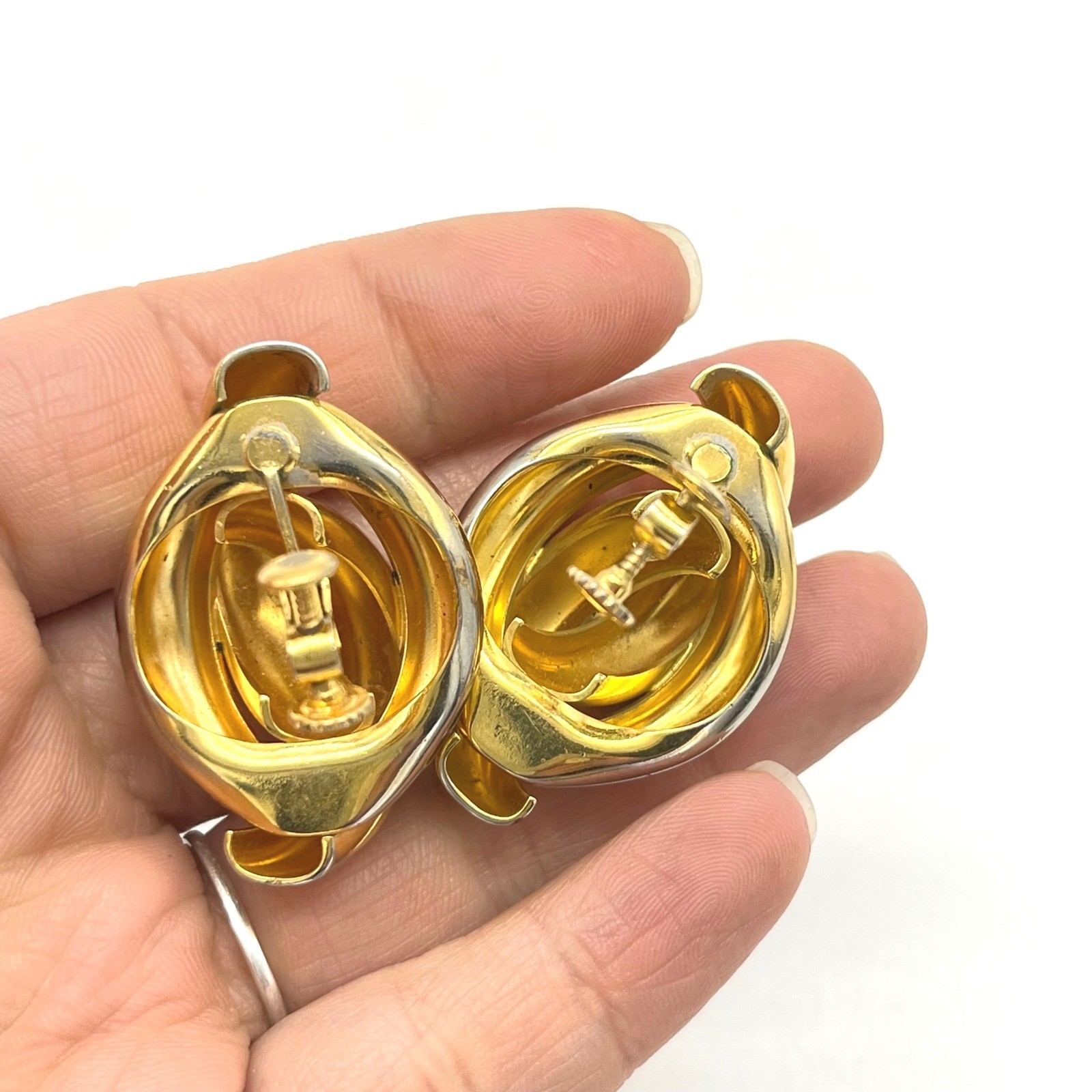 Chunky Two Tone Interlocking Clip On Earrings Gol… - image 5