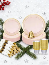 175PCS Pink Plastic Dinnerware Set, Disposable Party Plates for 25 Guests, Inclu
