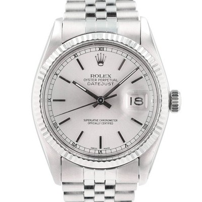 Rolex Datejust 16014 SS Silver Index Roman Track Dial Fluted Jubilee 36mm Watch