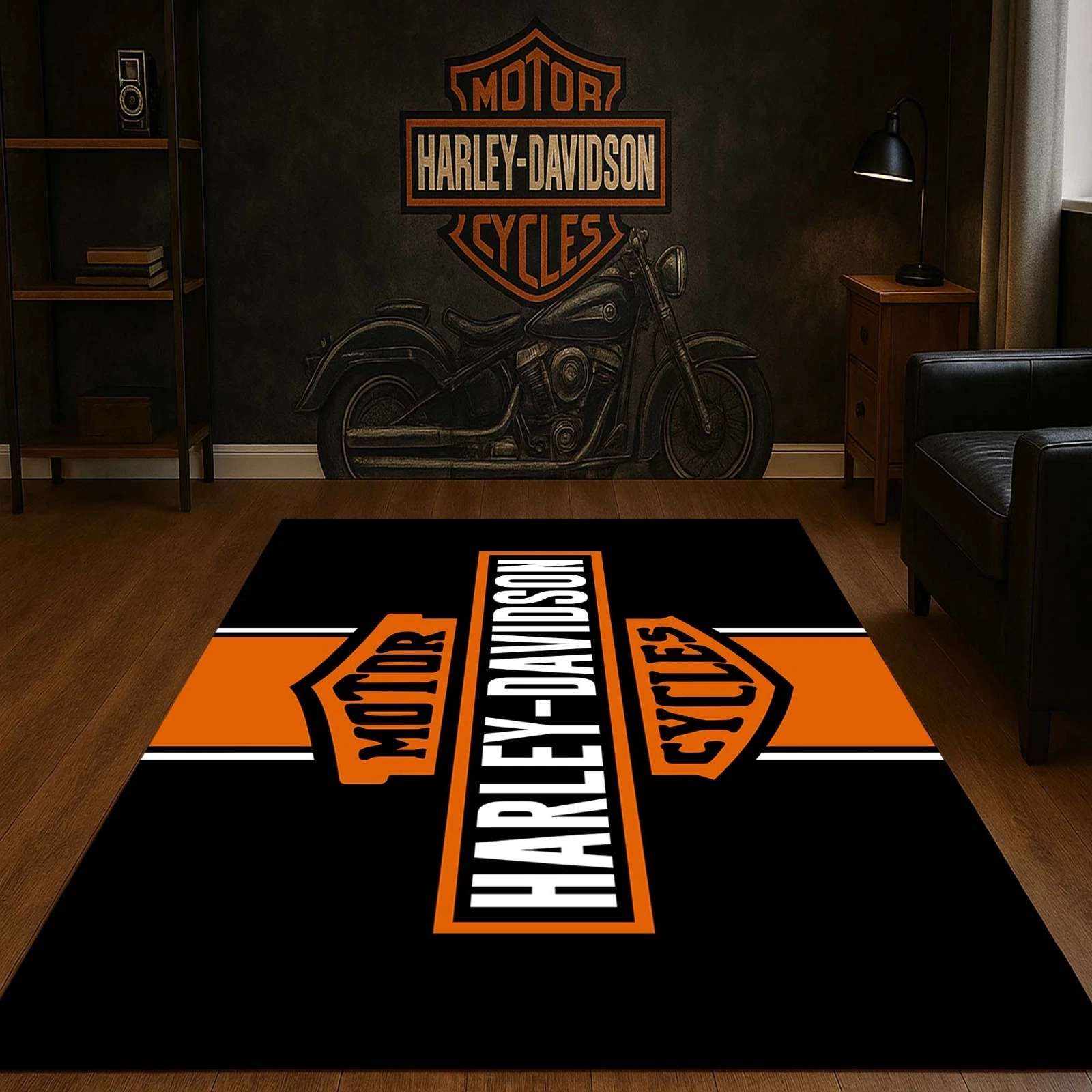 Harley Inspired Floor Rug, Classic Motorcycle Mat, Biker Home Decor