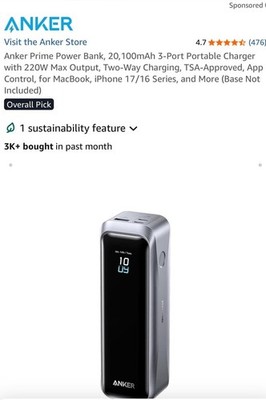 Anker Prime 20100mAh 3-Port Power Bank USB-C/USB-A Fast Charge Silver Pouch