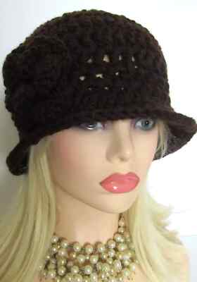 CLOCHE BUCKET HAT CHEMO CAP BRIM DARK BROWN   HANDMADE CROCHET ACRYLIC FLOWER