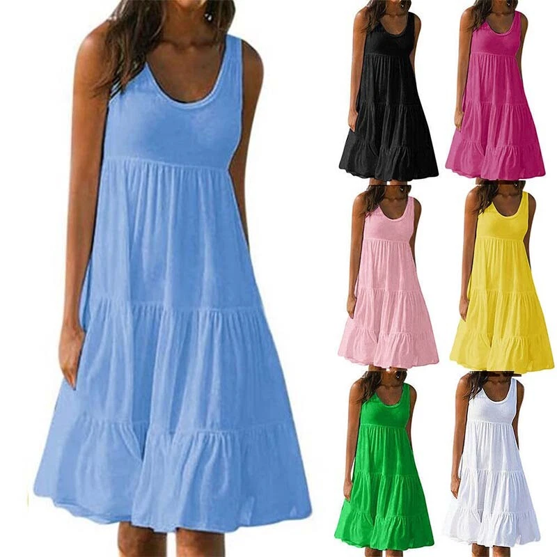 Women Summer Tank Dress Ladies Holiday Beach Casual Loose Frill Mini Sundress