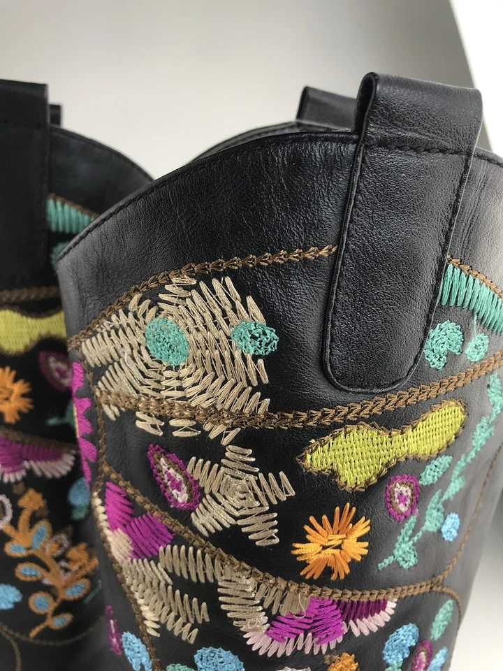 双唇靴女式 6.5 码 Chessa 黑色刺绣西式皮革 — 第 2/4 张图片