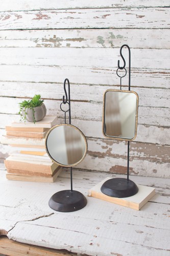 Antiqued Gold Metal Frame Mirror Set Two Round Rectangle Hanging Stand - Picture 2 of 2