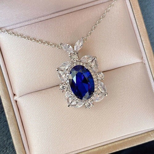 2Ct Oval Cut Lab-Create Blue Sapphire Women's Halo Pendant 14K White Gold Plated - Picture 5 of 5