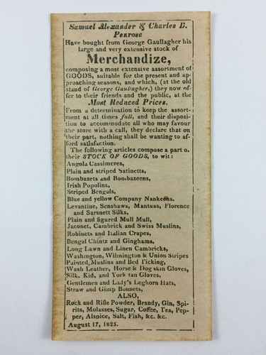1825 Handbill Samuel Alexander Charles B Penrose Merchandise List Philadelphia