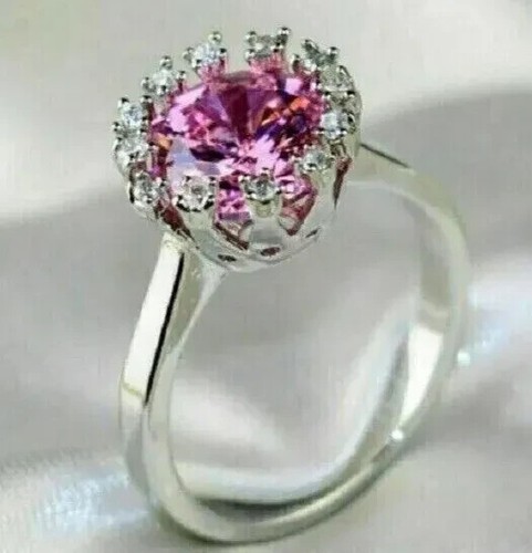 3CT Round Cut Pink Sapphire Solitaire Women Ring Simulated 14K White Gold Plated - Picture 6 of 8