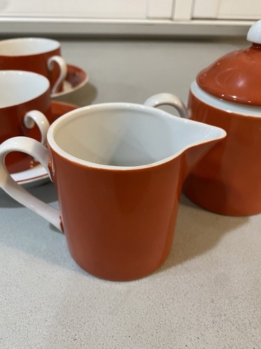 Vintage Fitz & Floyd Terra Cotta Orange Flat Cup & Saucer Set Of 6 vivid color! - Picture 4 of 9
