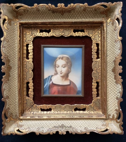 Bellissima antica targa Madonna in miniatura con cornice in porcellana dipinta a mano! - Foto 11 di 12