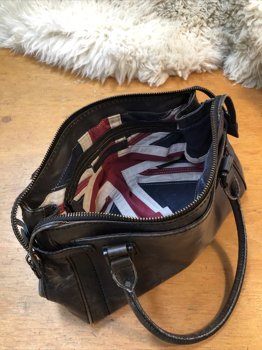 English Designer Timothy Oulton Alcock Leather Handbag dark grey Union Jack Flag