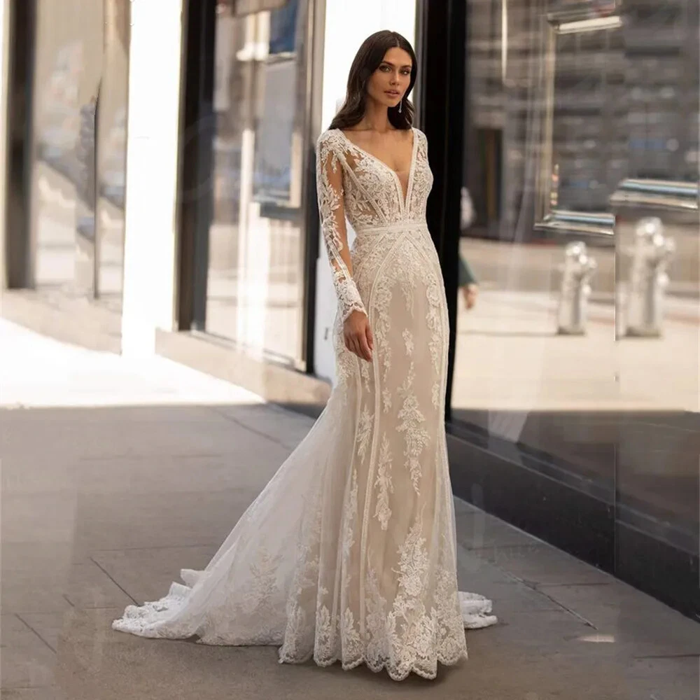 green emerald velvet dress Trumpet/Mermaid Long Sleeves Lace Boho Bridal Wedding Dresses – Angrila main image 0