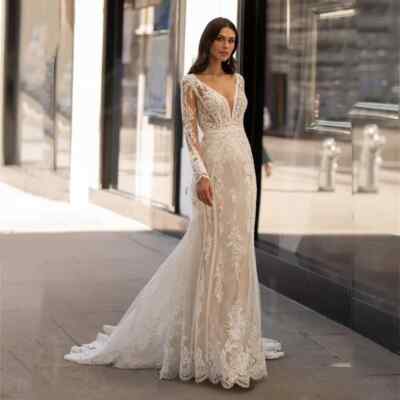 Boho Lace Mermaid Wedding Dresses Long Sleeves V Neck Illusion Back Bridal Gowns