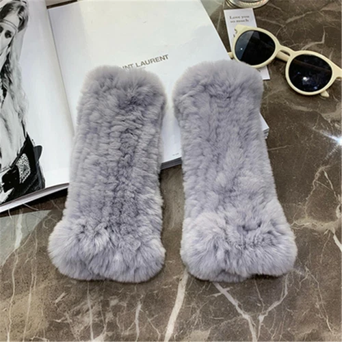 Womens Winter Real Rabbit Fur Gloves Knitted Stretch Fingerless Mitten Gloves - Picture 24 of 102
