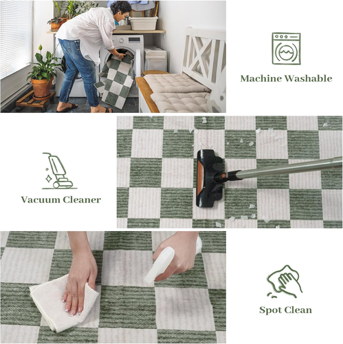 3X5 Washable Area Rug Checkered, Non-Slip Small Entryway Rug Green Farmhouse Neu - Picture 6 of 12