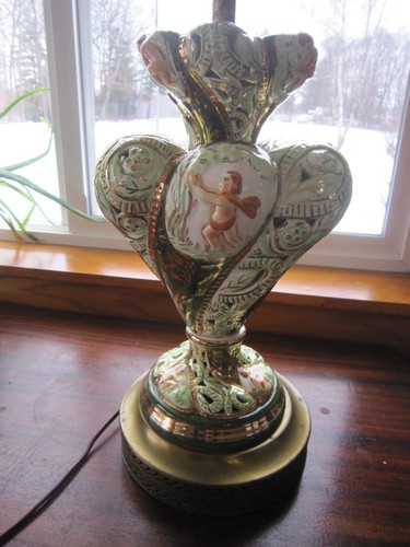 Vintage Capodimonte Porcelain Table Lamp Green Gold Italy - Picture 15 of 24