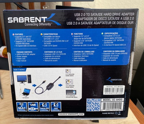 Sabrent USB 2.0 to SATA/IDE 2.5/3.5/-INCH Hard Drive Adapter EC-AHDD Converter - Picture 3 of 4