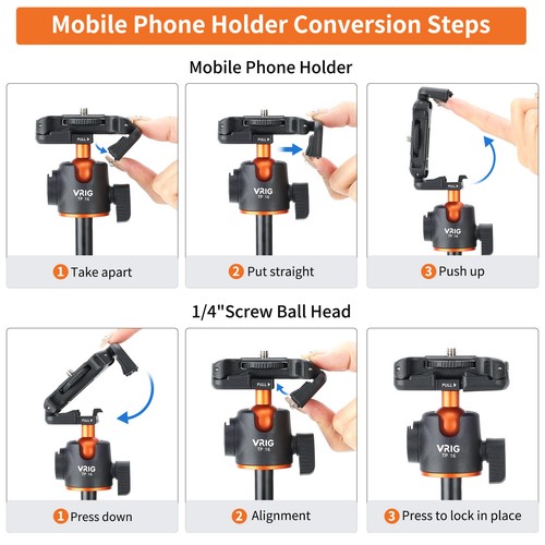 VRIG 55'' Selfie Stick Tripod Stand with Flexible Ball Head Phone Holder Q1D9 - Picture 8 of 11