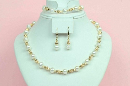 Set di perle bianche originali oro giallo massiccio 14k - Foto 2 di 4