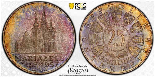 MS66 1957 Austria Mariazell Silver 25 Schilling PCGS Trueview- Beautifully Toned - Picture 2 of 6