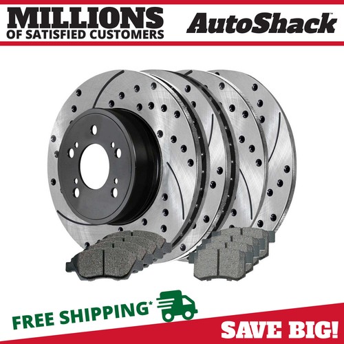 Front & Rear Drilled Slotted Brake Rotors Black & Pads for 20022006