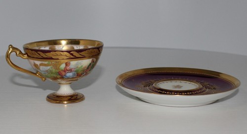 Dresden Ambrosius Lamm Courting Couple Scene Footed Demitasse Cup & Saucer, RARE - Picture 10 of 14