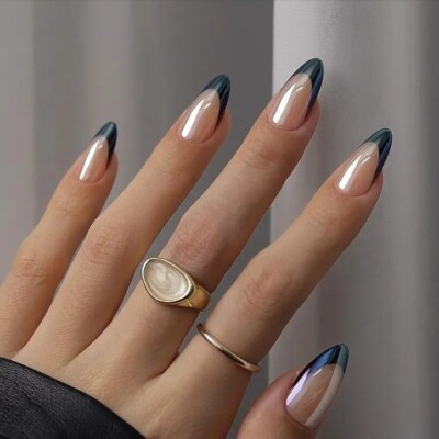 24pcs Medium Almond French Press On Nails Mirror Effect False Nails