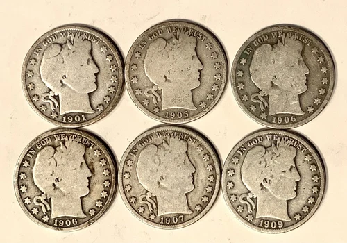 Six Barber Half Dollars Circulated Good Condition