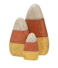 3 pc Set - Primitive Chunky Wooden CANDY CORN Shelf Sitters Halloween Fall Decor
