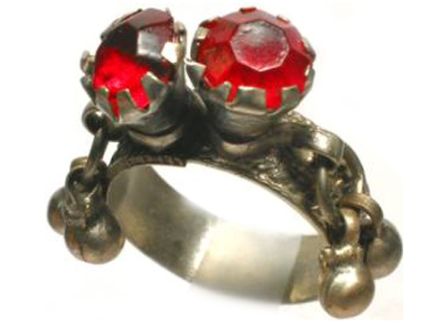 18thC Russian Ukraine Crimea Tatar Silver Two Ruby Red Glass Gem Ring Bells Sz11 - Picture 1 of 1