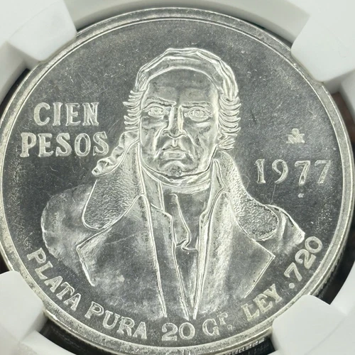 1977 MEXICO SILVER 100 PESOS S100P "LOW 77" NGC MS 65 BLAST WHITE "ERROR COIN"