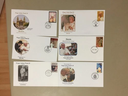 Six POPE PAUL fdc:Palau,Malta,Nevis,israel,Brazil,Guyana