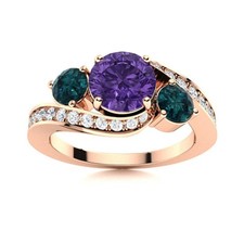 Round Amethyst  London Blue Topaz 925 Silver Rose Plated Three Stone Women Ring