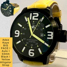 53mm Auto BIG FACE | Yellow Alligator Strap | Charcoal Dial ADEE KAYE Mens Watch