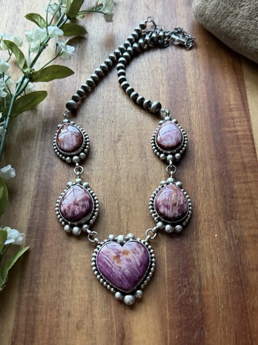 Collar Navajo Plata Esterlina Púrpura Ostra Espinosa Lariat Perlas Cuentas Corazón RY - Imagen 4 de 12