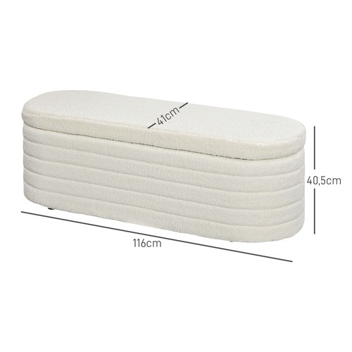 HOMCOM Banc banc rembourré avec espace de rangement, aspect nounours non tissé, pieds en bois blanc crème - Photo 4/10