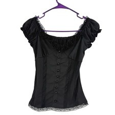 Black Lace Corset-Style Button Front Blouse Puff Sleeve Romantic Gothic Top
