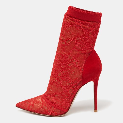 Gianvito Rossi Red Lace And Suede Pointed Ankle Booties Size 39 - Picture 1 of 9