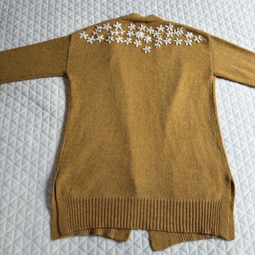Skies Are Blue Women’s Long Cardigan Size XS Mustard Yellow W/ White Floral Boho - Picture 7 of 13