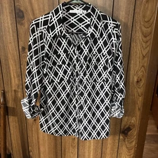 Notations Black White Collar button Long Roll tab Sleeve Sz Medium Top NWOT