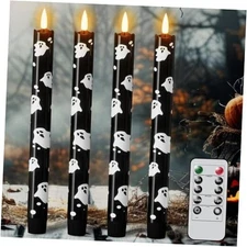  Flameless Flickering Taper Candles with Remote and Timer, Battery Ghost Decal