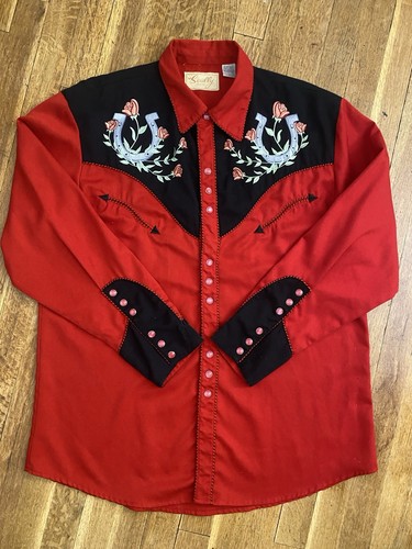 Scully Western Hemd Herren Large bestickt Hufeisen Rose Perlen Druckknopf Cowboy