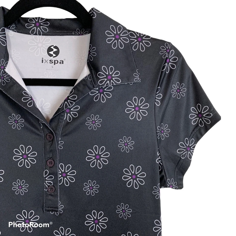 Camisa polo floral negra púrpura talla S de Ixspa para mujer Foto 2 de 4