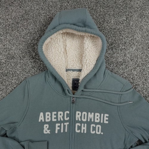 VTG Abercrombie Fitch Hoodie Womens M Blue Fleece Sherpa Zip Sweater Jacket 90s - Picture 2 of 10